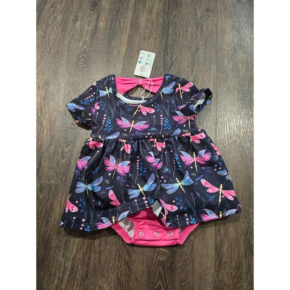 Pete + Lucy Baby Girl Dragonfly Print Romper Dress Pink Bow 3-6M NWT